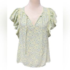 Lucky Brand Floral Ruffle Sleeve Blouse - Yellow and Blue